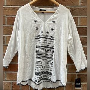 Chaps White Embroidered V-Neck Cotton Blouse